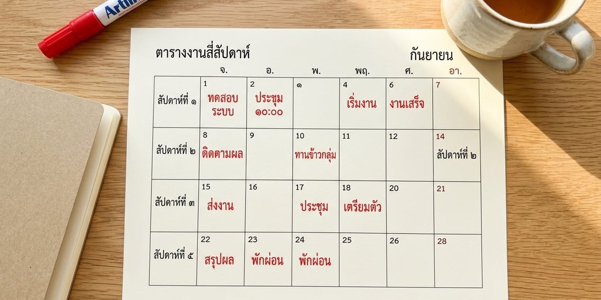 ตารางแผน 30 วันบนสมุดวางบนโต๊ะไม้ พร้อมปากกาสีแดงและถ้วยกาแฟ